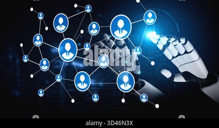 Eine futuristische Darstellung einer Roboterhand, die mit einem digitalen Netzwerk interagiert und die Verbindung zwischen Technologie und Menschheit in A veranschaulicht Stockfoto