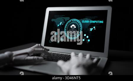 KI auf einer globalen Cloud-Computing-Plattform, die Dienste für die Softwareentwicklung bereitstellt. Ein weltweites Netzwerk für KI-Datenspeicherung und Anwendungs-Hosting Stockfoto