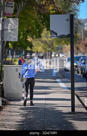 Pleasant Hill, CA, USA, 8. November 2025, Rallye, märz, Honk and Wave Event unterstützt Veteranenrechte und „Food for the People, Not Gatsby Parties!“. Stockfoto