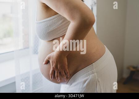 Schwangere Frau im dritten Trimenon, die ihren Bauch hält Stockfoto
