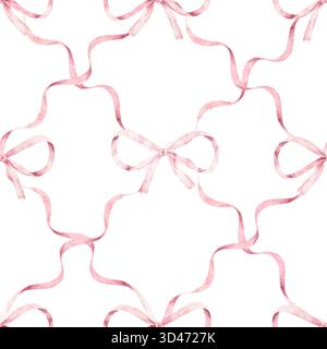 Nahtloses Muster mit pastellfarbenen Bändern und Schleifen. Handgezeichnetes Ornament mit weichen, geschwungenen Linien in rosa Farben. Für Geschenkverpackungen, festliche Gelegenheiten Stockfoto