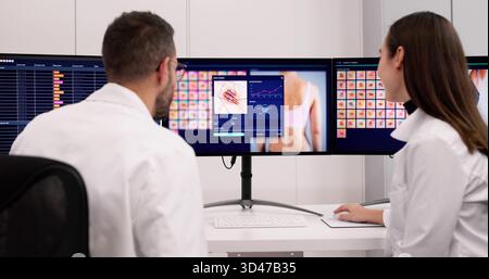 Medizinische Fachkräfte untersuchen Röntgenstrahlen in einer virtuellen Konferenz für Radiologieschulungen. Stockfoto