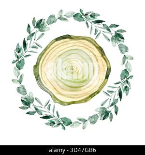 Aquarellweihnachtsillustration eines Holzschnitts umgeben von Eukalyptus und grünen Blättern. Perfekt für festliche Karten, rustikale Hochzeitsdekoration und Stockfoto