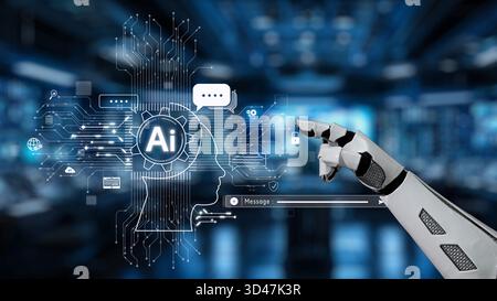 Eine Roboterhand zeigt auf eine digitale Schnittstelle, die Elemente der künstlichen Intelligenz anzeigt, die die Mischung aus Technologie und Innovation in einem symbolisieren Stockfoto