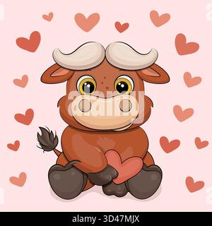 Niedlicher Karikaturbüffel mit Herzen. Vektorillustration des Tieres auf rosa Hintergrund mit roten Herzen. Stock Vektor