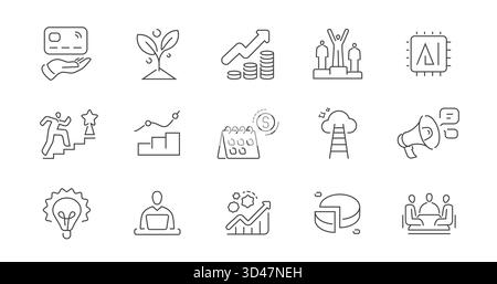 Geschäftskonzept, schlanke Websymbolgruppe. Symbole für Erfolg, Finanzen, Handel, Büroarbeit. Sammlung von Gliederungssymbolen Stock Vektor