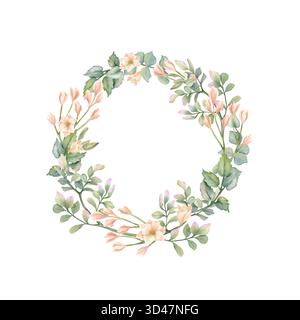 Zarter Blumenkranz, Rahmen mit beiger Freesie, Pistazienblätter, Eukalyptusillustration. Pastellfarbene Frühlingskomposition im rustikalen Stil, Vorlage Stockfoto