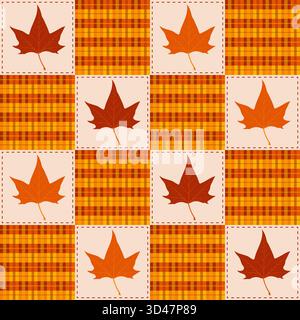 Nahtloses Muster Mit Ahornblatt-Patchwork-Check Im Herbst Stock Vektor
