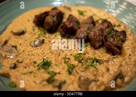 Risotto mit Fleischscheiben, serviert auf Teller. Es ist ein beliebtes italienisches Reisgericht. Stockfoto