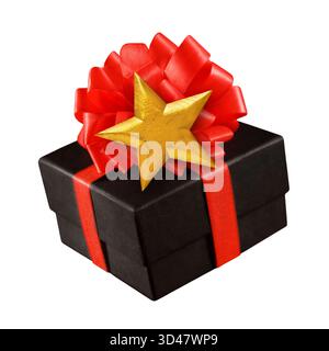 Schwarze Geschenkbox mit rotem Band und goldenem Stern isoliert auf weißem Hintergrund Stockfoto