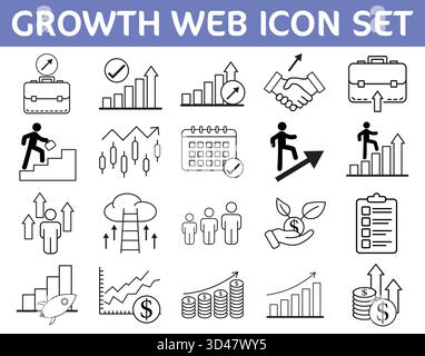 Symbolsatz „Geschäftswachstum und finanzieller Erfolg“. Vektorsymbole für Investitionen, Fortschritt, Karriereentwicklung und Statistiken. Stock Vektor