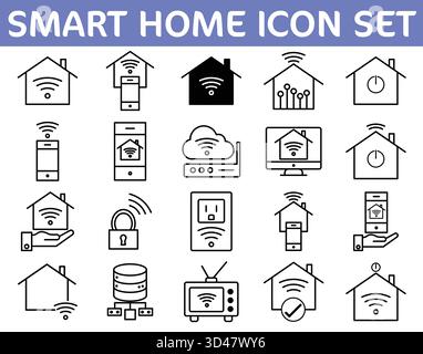 Smart Home und IoT Line Art Symbolsatz. Vektorsymbole für Heimautomatisierung, drahtlose Konnektivität, Sicherheit und Fernsteuerung für Technologie-Apps. Stock Vektor