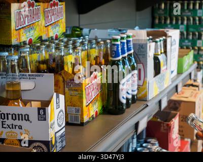 Cremona, Italien - 15. August 2025 Reihen von Corona Extra und Desperados Bierflaschen und -Kisten in Ausstellungsregalen in einem Einzelhandelsgeschäft mit Kundenreac Stockfoto
