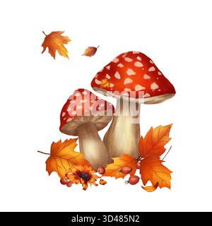 Waldpilze mit roten Kappen und Herbstlaub. Aquarellabbildung. Hagebuttenbeeren und gelbe Blüten, isoliert auf weißem Hintergrund. Für Karten Stockfoto