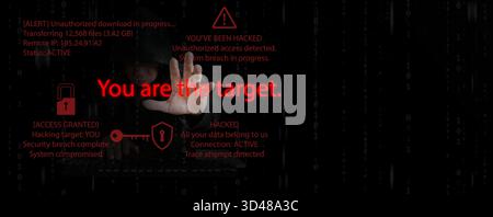 Cybersicherheitskonzept. Hacker, der seine Hand mit einer SMS erreicht, dass Sie das Ziel sind. Hacking Alert und digitale rote Warnschnittstelle, repräsentiert onl Stockfoto