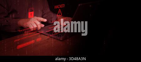 Ein Mann mit seinem Laptop und Hacker-Warnung, nicht autorisierte Anmelderkennung auf der digitalen Schnittstelle. Passwortverletzung, Kontenmissbrauch, Identitätsdiebstahl, cyb Stockfoto