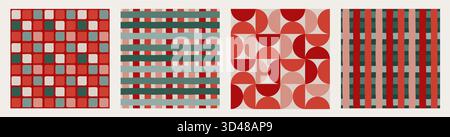 Weihnachtsmuster-Set. Fröhliche Weihnachtshintergründe, nahtlose Muster. Kariertes Muster. Rote, grüne und rosafarbene Weihnachtsfarben Stock Vektor