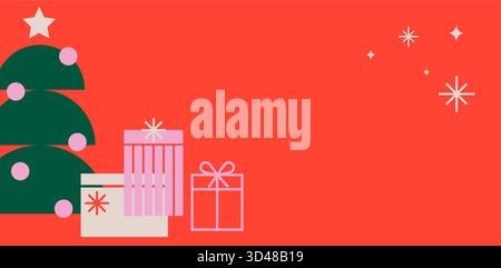 Frohe Weihnachten, flaches modernes Design, Weihnachtsschmuck und Weihnachtsdekoration. Bunte Vektorillustration im flachen geometrischen Cartoon-Stil Stock Vektor
