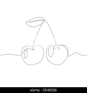 Paar Kirschen. Durchgehende Linienzeichnung. Reife Sommer-Vektor-Frucht. Köstliches frisches Essen. Stock Vektor