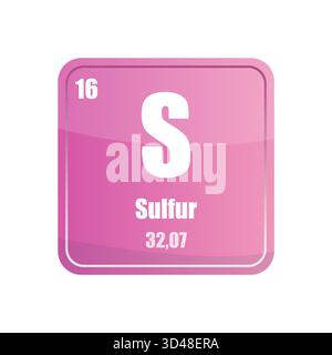 Schwefelchemische Elementfliese. Atomzahl sechzehn. S Zeichen Vektorsymbol. Rosafarbene, quadratische Form. Stock Vektor