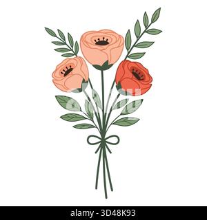 Strauß von drei stilisierten Blumen mit Blättern und Bogen Illustration auf weißem Hintergrund Stock Vektor