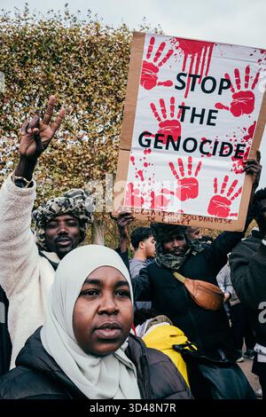 Paris, Frankreich. November 2025. Demonstration in Paris zur Unterstützung der sudanesischen Bevölkerung, die Opfer von Massakern in Darfur und Kordofan geworden ist. Mehrere hundert Menschen aus der sudanesischen Gemeinschaft verurteilten die Kriegsverbrechen, die von den Paramilitärs der Rapid Support Forces, insbesondere in El-Fasher, begangen wurden, und die Komplizenschaft der Vereinigten Arabischen Emirate. - 08/11/2025 - Frankreich/Paris - Olivier Donnars/Le Pictorium Credit: LE PICTORIUM/Alamy Live News Stockfoto