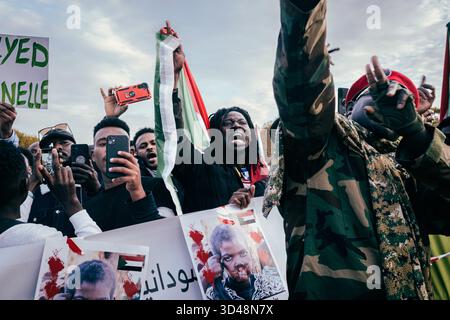 Paris, Frankreich. November 2025. Demonstration in Paris zur Unterstützung der sudanesischen Bevölkerung, die Opfer von Massakern in Darfur und Kordofan geworden ist. Mehrere hundert Menschen aus der sudanesischen Gemeinschaft verurteilten die Kriegsverbrechen, die von den Paramilitärs der Rapid Support Forces, insbesondere in El-Fasher, begangen wurden, und die Komplizenschaft der Vereinigten Arabischen Emirate. - 08/11/2025 - Frankreich/Paris - Olivier Donnars/Le Pictorium Credit: LE PICTORIUM/Alamy Live News Stockfoto