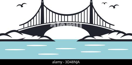 Einfache Grafik der Schwarzen Brücke über hellblauem Wasser mit Vögeln im weißen Himmel Stock Vektor