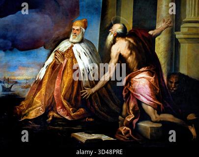 Dogen Girolamo Priuli - Detail aus (die Dogen Lorenzo Priuli und Girolamo Priuli in Anbetung von Palma il Giovane, Real Name: Jacopo Negretti, italienischer Maler, 1544 - 1628. Der Dogenpalast (Palazzo Ducale), Venedig, Italien. (Detail) Stockfoto