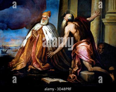 Dogen Girolamo Priuli - Detail aus (die Dogen Lorenzo Priuli und Girolamo Priuli in Anbetung von Palma il Giovane, Real Name: Jacopo Negretti, italienischer Maler, 1544 - 1628. Der Dogenpalast (Palazzo Ducale), Venedig, Italien. (Detail) Stockfoto