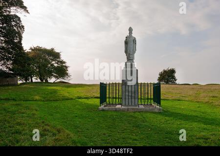 Eine Statue einer Frau steht auf einem grasbewachsenen Feld. Die Statue ist von einem Zaun umgeben und befindet sich in der Nähe eines Baumes. Die Szene ist friedlich und ruhig Stockfoto
