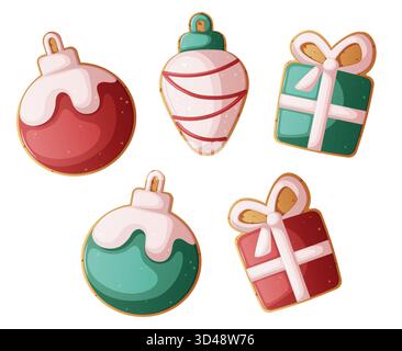 Weihnachtsschmuck, Glühbirne und Geschenkbox Cookie-Sammlung mit rot-grüner Glasur Illustration für Grußkarten, Poster und festliches Kunsthandwerk Stock Vektor