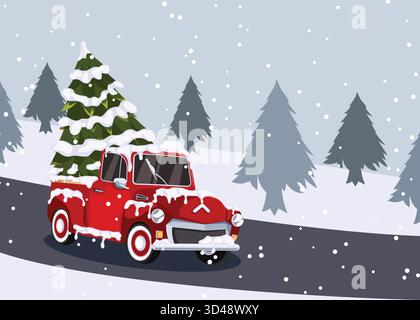 Klassischer roter Pickup-Truck mit Weihnachtsbaum auf der Snowy Country Road. Vorlage für Feiertagsgrüße mit Kopierbereich Stock Vektor