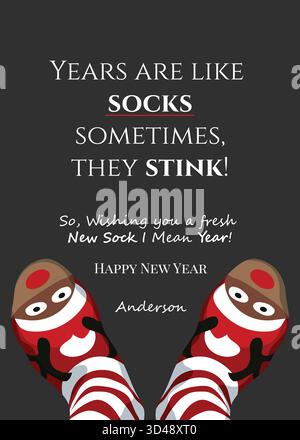 Lustiger Neujahrsgruß mit Rentiersocken und humorvollem Zitat – Jahre sind wie Socken, die manchmal stinken Stock Vektor