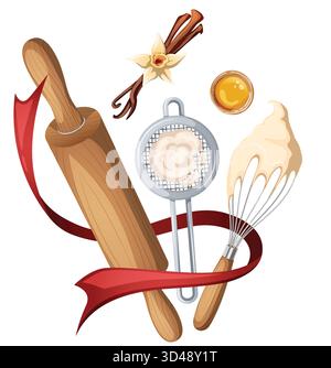 Backwerkzeuge Komposition mit Rollstift, Schneebesen, Mehlsieb, Eigelb und Vanilleblüte mit rotem Band für Bäckerei, Rezeptbuch oder Menüdesign Stock Vektor