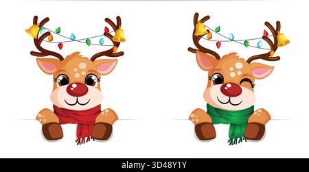 Niedliches Rentierpaar mit weihnachtlichen Tüchern und Lichtern. Designvorlage für Weihnachtsbanner mit zwei Cartoon-Maskottchen und Kopierbereich Stock Vektor