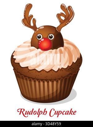 Rudolph Schokolade Cupcake Rote Nase Rentier Art. Festliche Feiertage Dessert Vektor Isoliert Stock Vektor