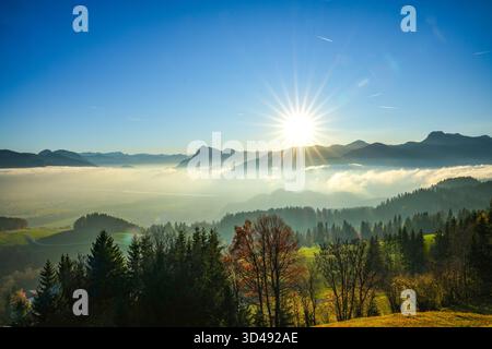 Abendsonnenstrahlen Beleuchten Das Nebelige Inntal Mit Herbstbäumen In Tirol, Österreich Stockfoto