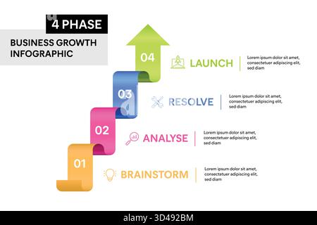 4-stufige Infografik mit bunten Pfeilen Vektorillustration. Unternehmenswachstumskonzept. Stock Vektor