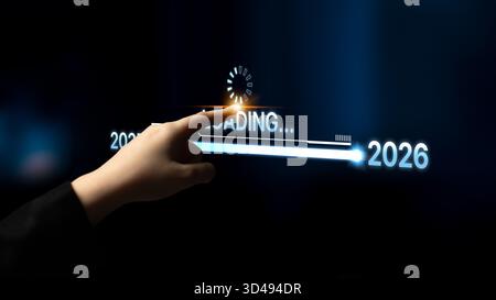 Visualisierung der Verschiebung von 2025 auf 2026. Fortschrittsbalken symbolisiert Fortschritt, strategische Vorausschau, jährliche Zielsetzung und Unternehmenstransformation Stockfoto