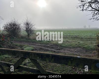 Winterliche Sonne durch nebelige Wolken über einem Bauernfeld Stockfoto