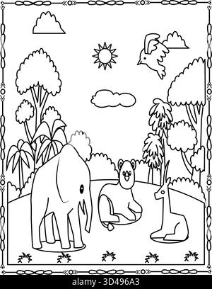 Malseite Für Waldtiere. Elefant, Hirsch, Bär und Vogel in der Natur für Kinder. Stock Vektor