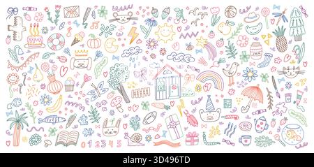 Kinder-Symbole. Niedliche Kinderelemente. Sommer-Kind-Grafik für Line Art Schulbuch. Babyblume, Haus und Sonne. Lustiges Tier. Umrissskizze. Farbstiftzeichnung. Kindlicher Hintergrund. Vektorabbildung Stock Vektor