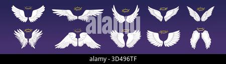 Engelsflügel. Niedlicher Halo-Ring, Liebe oder Himmel Vogel Gold nimbus, heiliger Jesus Glanz. Farbiges Federdesign, Freiheit und spirituelles Symbol. Vektor flache Zeichentricksymbole isolierter Zeichentrickfilm flacher Illustrationssatz Stock Vektor