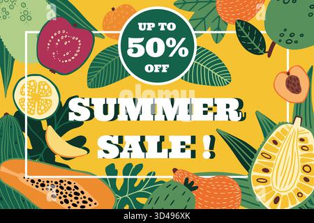Sommerangebot. Verschiedene tropische Früchte im Hintergrund. Rabattcanner, Flyer für Sonderangebote. Saisonales horizontales Banner. Marketing Shopping Modern Promotion. Vektor-Cartoon flache Art isolierte Illustration Stock Vektor