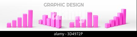 3D-Diagramm. Diagramm Sparbalken. Wachstumslinie des Geschäftsverkehrs. Realistischer Pfeil nach oben und unten. Statistisches Histogramm. Isolierte Stufen-Infografik-Seiten. Infodiagramm mit rosafarbener Spalte. Vektoranalytische Rendersymbole festgelegt Stock Vektor