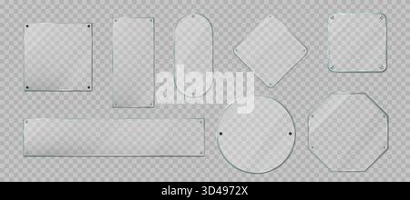 A3-Rahmen. Wandplakat aus Glas, Standmockup oder Werbetafel. PNG a4 transparente vertikale Halterung, leer glänzend rund, quadratisch und rechteckig. Vektorkonstruktion isolierte realistische Modellreihe Stock Vektor