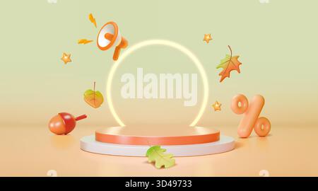 Herbstangebot. 3D-Podium für Herbstangebot. Orangenblatt. Geschenkbanner für Rabatte. Leichter Sockel. Einkäufe im Oktober. Saison-Angebot. Rendern Sie Prozent und Megaphon. Leere Plattform. LED-Kreis. Vektorhintergrund Stock Vektor