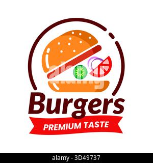 Burger-Logo. Hamburger Logo, Emblem-Design, minimalistischer Cheeseburger. Restaurant und Café-Menü. Erstklassiger Geschmack. Fastfood. Fleisch und Gemüse. Vektor-Cartoon flache Art isolierte Illustration Stock Vektor