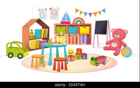 Kindergartenzimmer. Klassenzimmer für Kinder. Kindergarten-Spieltisch für Vorschule. Grundklasse. Spielzeug und Autos auf Teppich. Spielmöbel. Kindertagesstätte. Bücherregal. Kinder innen. Vektorhintergrund Stock Vektor